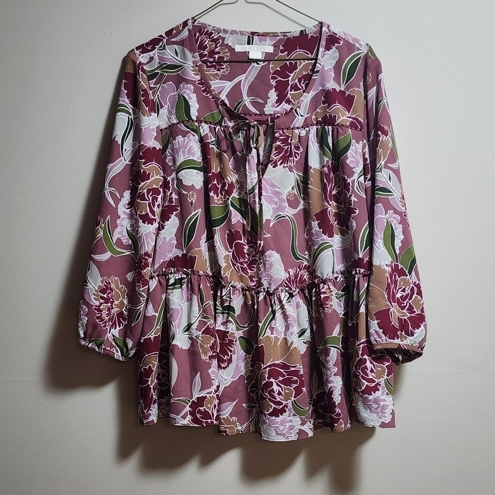 Cooper & ella peplum floral blouse color burgundy size Large